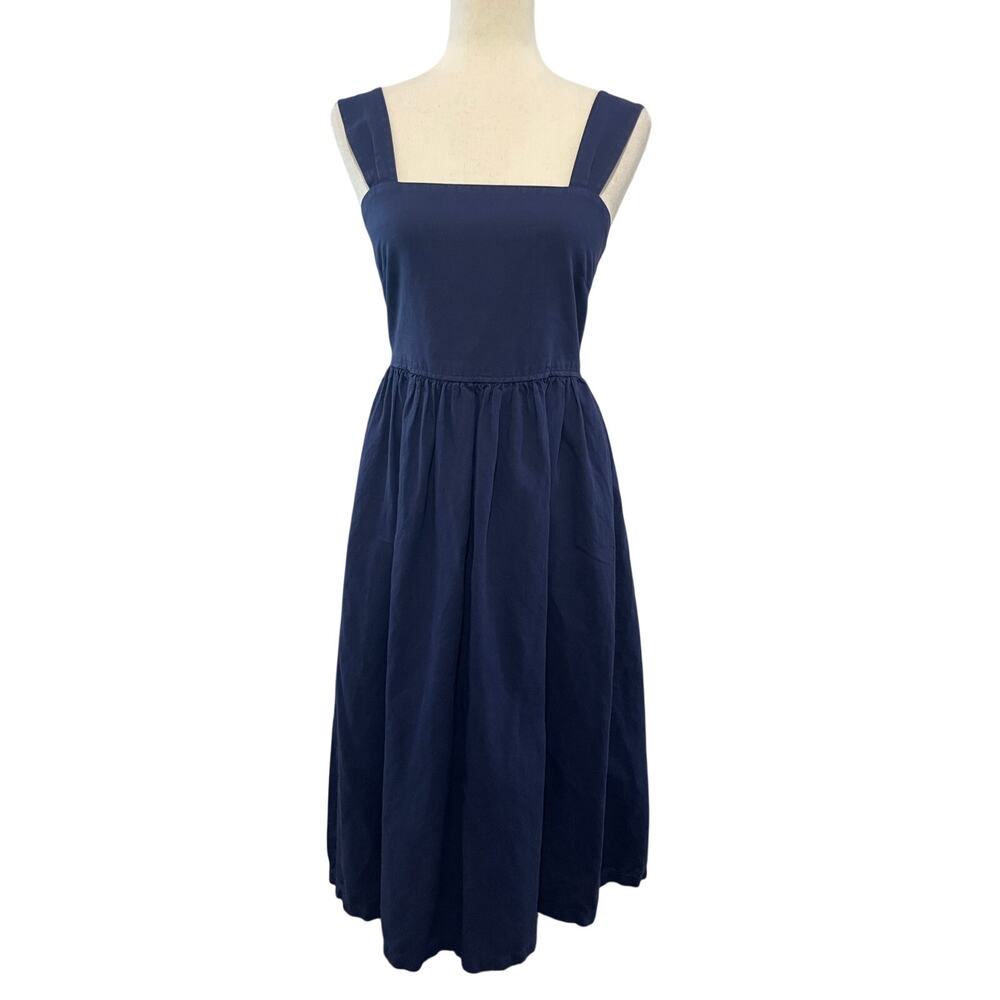 Uniqlo Midi Jumper Dress Smocked Square Neck Pockets Women's XS Navy Blue
